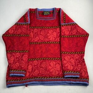 Oleana The Norwegian Story Red Floral Jacquard Square Neck Wool Sweater Womens M